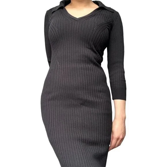 DYNAMITE BLACK RIBBED MAXI DRESS WITH V-NECK, COLLAR & SIDE SLIT | SIZE SMALL - Picture 15 of 15